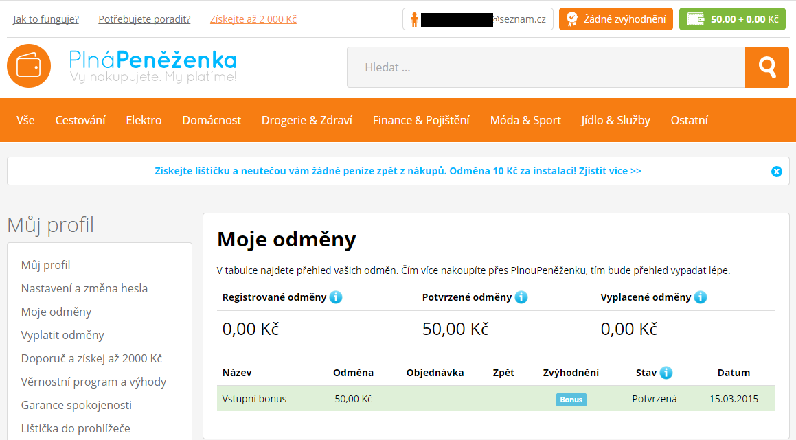 Administrační rozhraní s kreditem 50 Kč