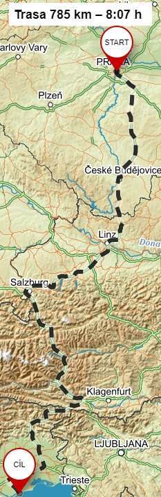 Mapa Caorle doba jízdy Itálie