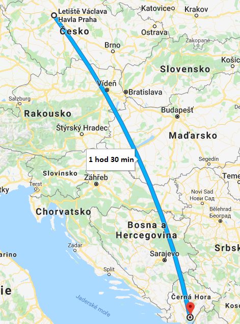 Doba a délka letu z Prahy do Černé Hory