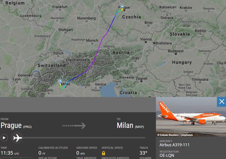 Mapa reálného letu z Milána do Prahy
