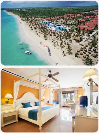 Pláž a hotelový pokoj v resortu Bahia u pobřeží Punta Cana Dominikánská republika