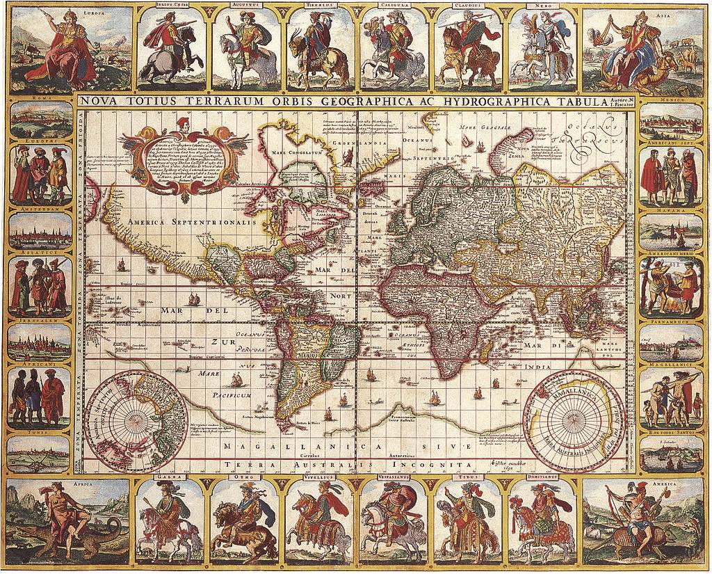 Historická mapa světa z roku 1652 státy a země
