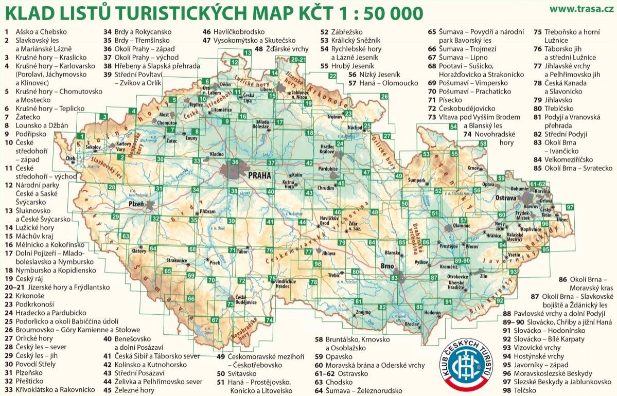 Turistická mapa České republiky dle Klubu českých turistů