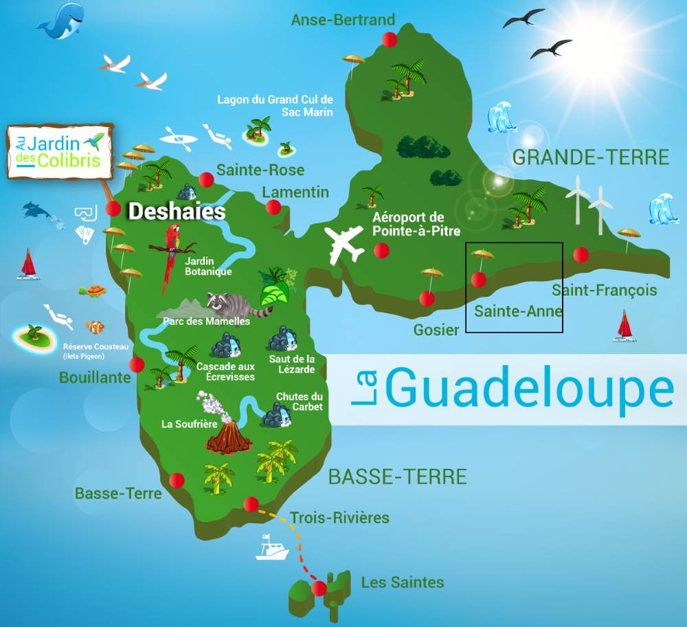 Mapa ostrova Guadeloupe s vyznačenou oblastí Sainte Anne