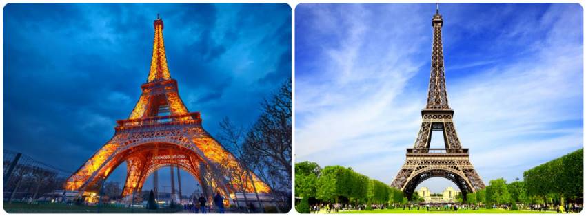 Eiffelova věž přes den i v noci na fotografii