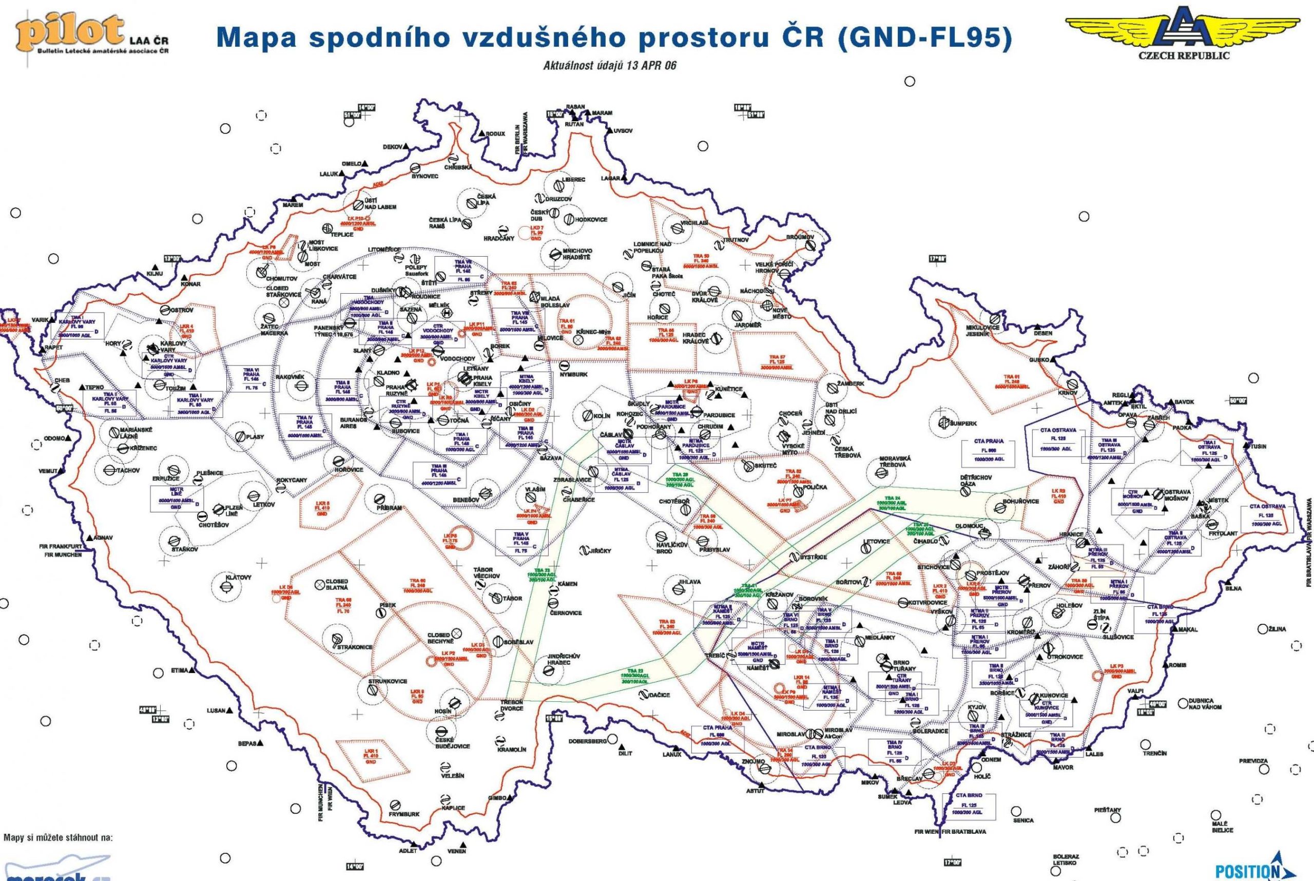 Mapa letadel (spodní vzdušný prostor) nad Českou republikou