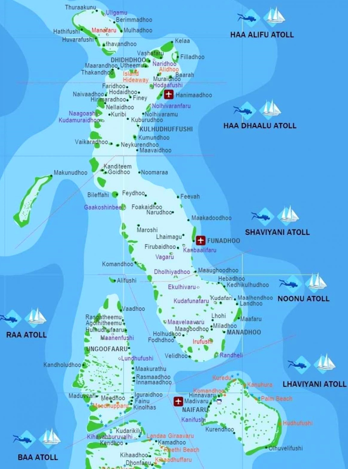 Mapa Maledivy a názvy atolů