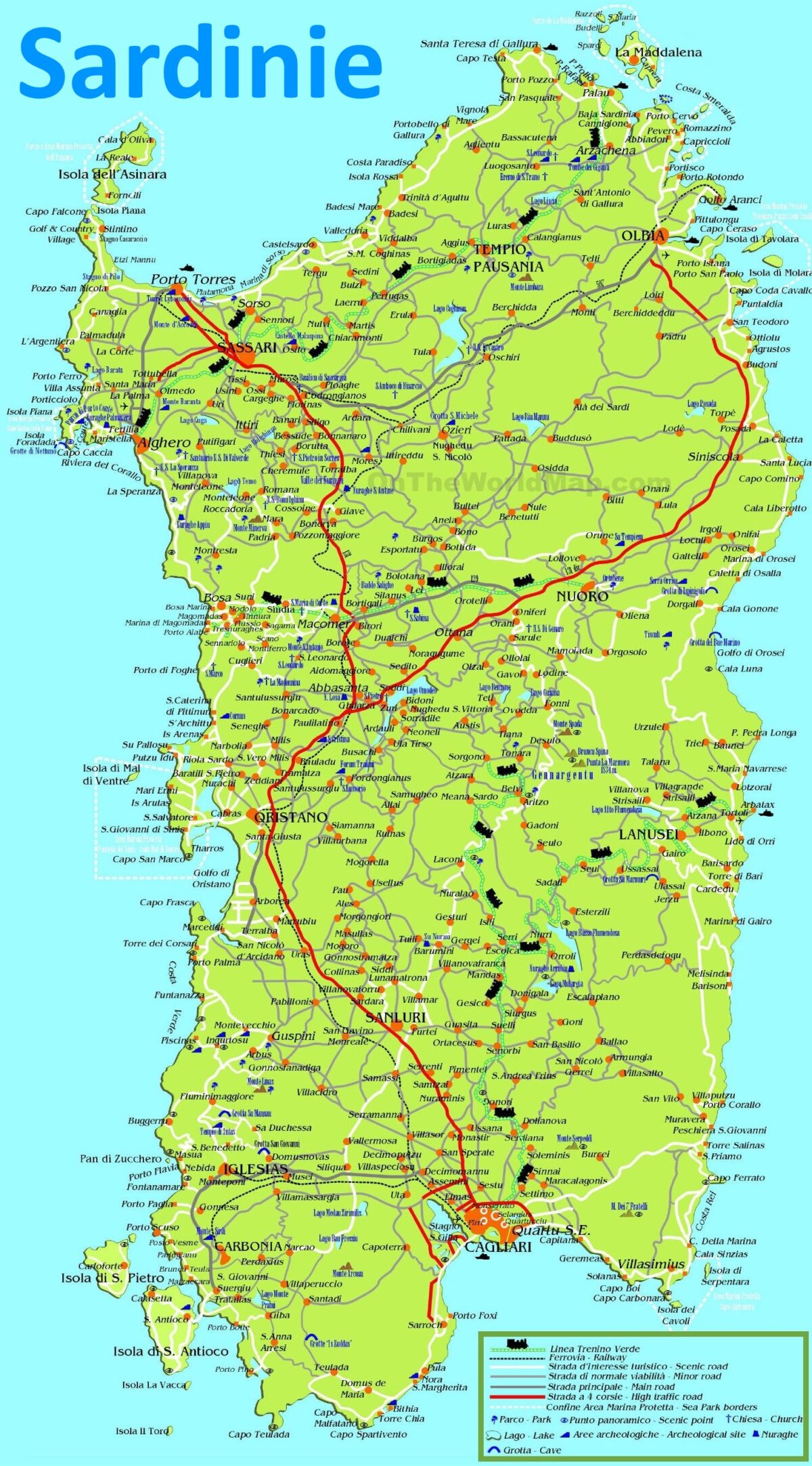Podrobná mapa Sardinie a silnice